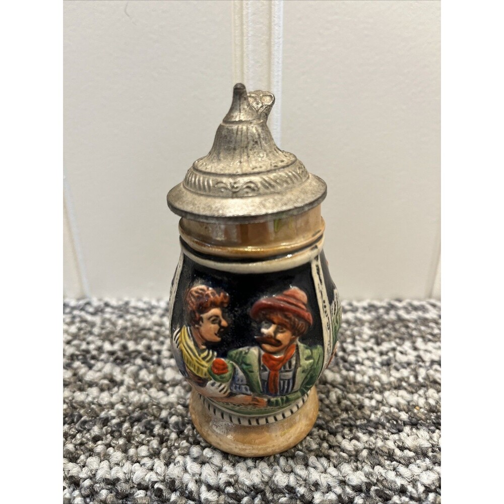 VTG Small German Hand Painted Pot Bellied Stein Pewter Lid Germany Decor 4.5”